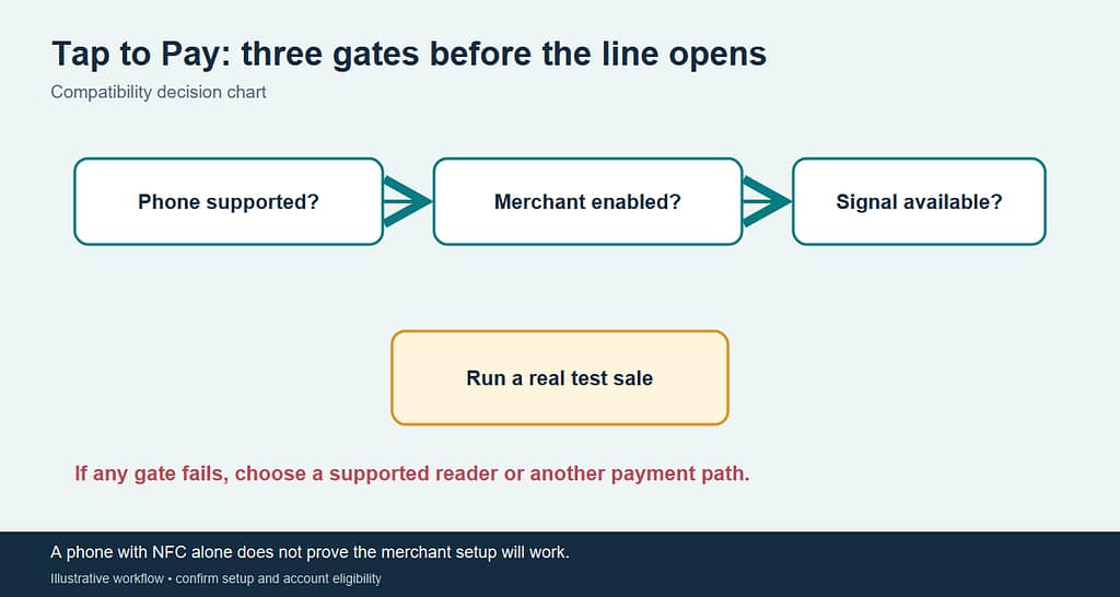 Tap to Pay chart showing customer contactless payment, merchant confirmation, and end-of-day reconciliation.