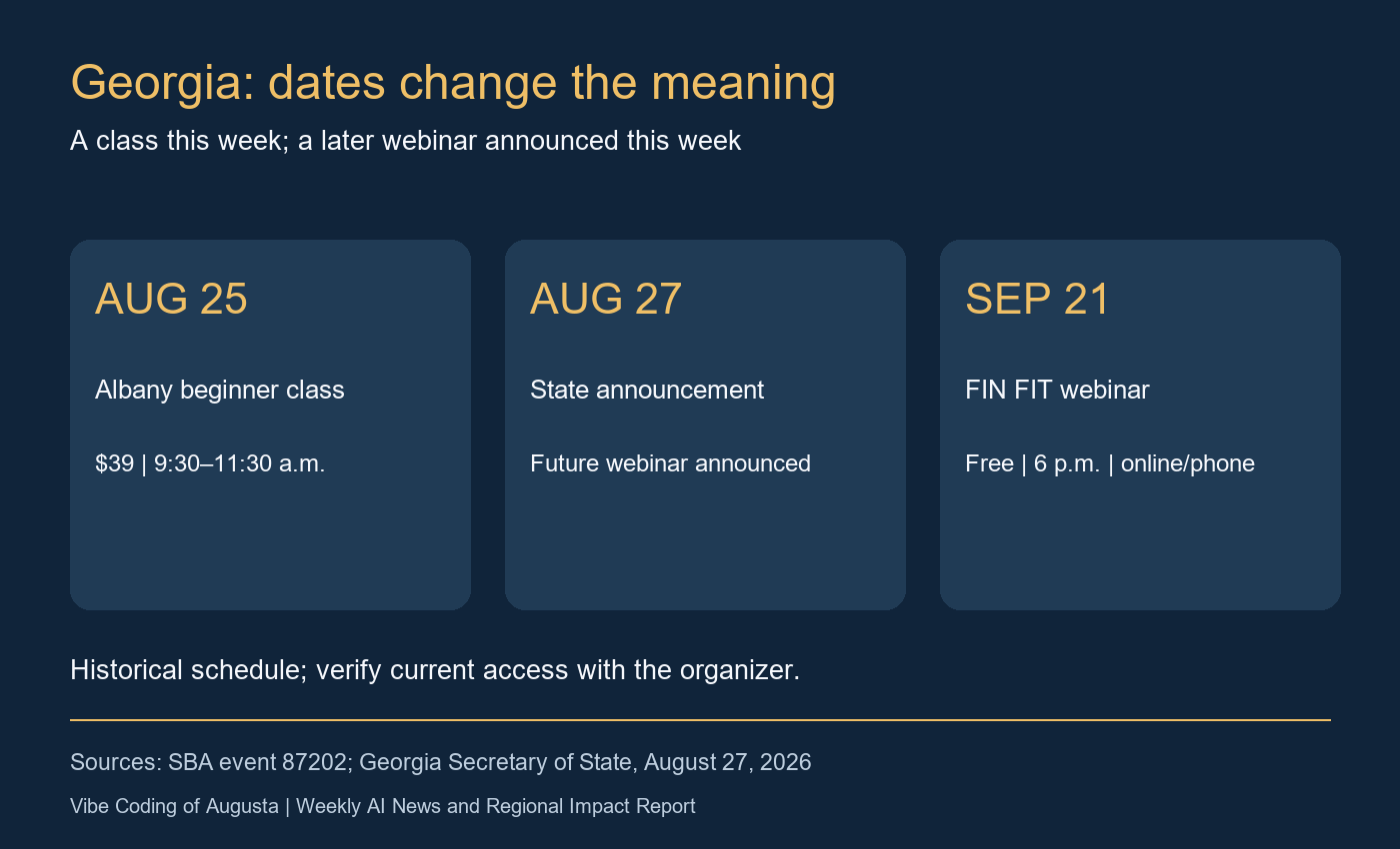 Georgia learning timeline distinguishes the August 25 paid Albany class, the August 27 announcement, and the future September 21 free webinar.