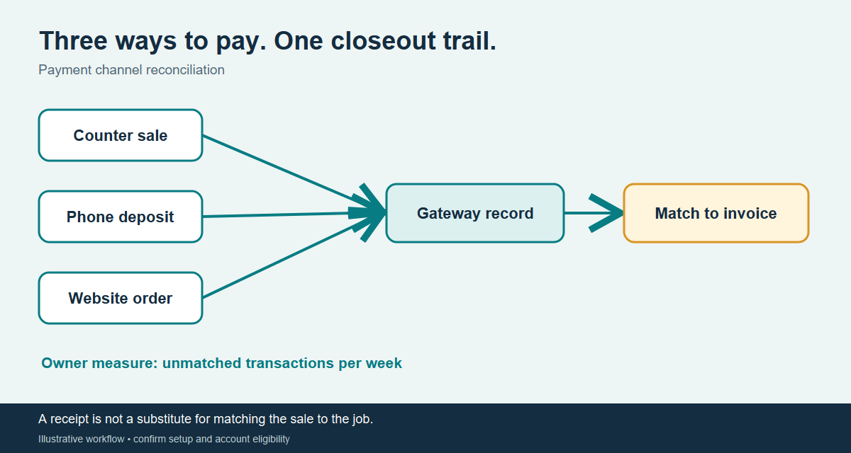 Three payment channels mapped to one repair-order reconciliation record